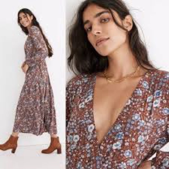 Madewell Challis Wrap Midi Woodland Floral Brown Multi Midi Dress Size XS - Picture 2 of 15